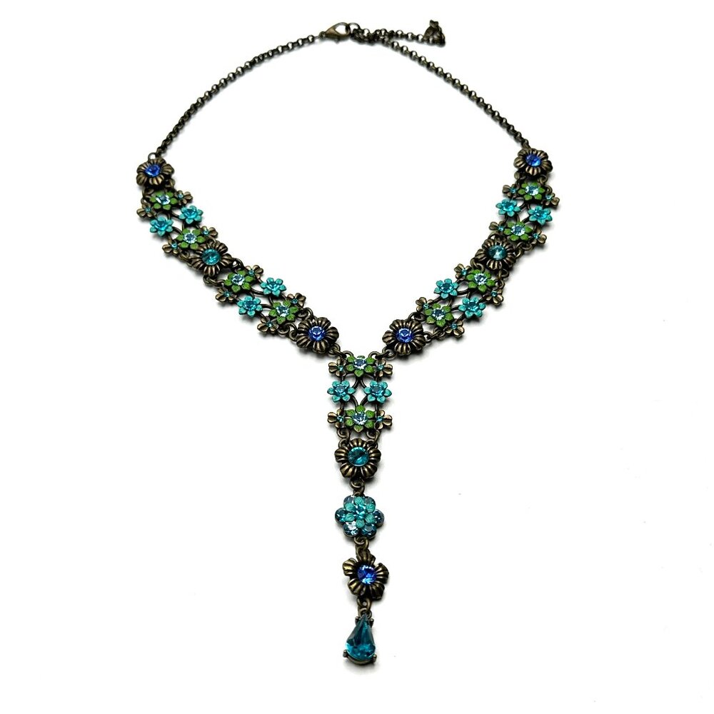 Vintage Y2K Michael Morrison Enamel Floral Y-Necklace—Turquoise Blue-Green — EUC